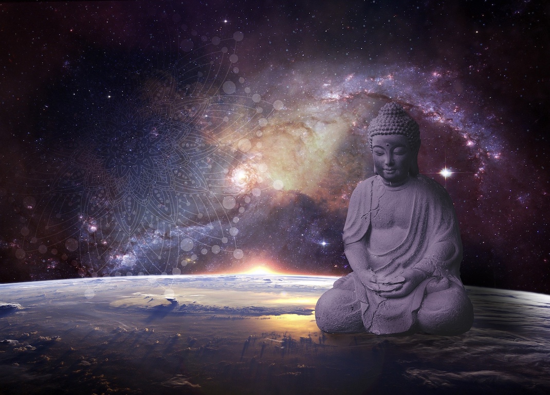 Sternenhimmel mit Buddha und Erde